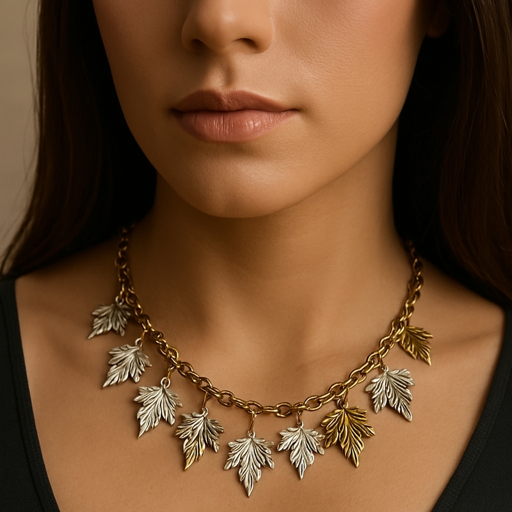 Women’s Stunning Dual-Tone Leaf Charm Drop Necklace – Long Statement Jewelry 34”